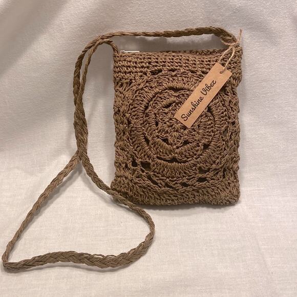 BOHO Crossbody Handbag Brown Bohemian Purse Woven Straw Sunshine Vibez - Picture 1 of 5